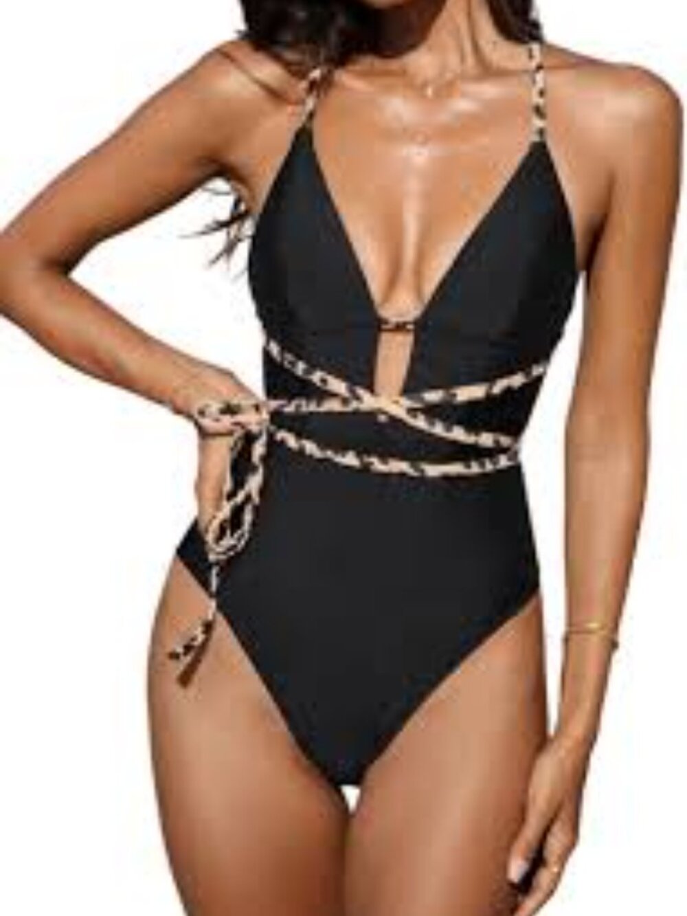 Cupshe Plunge Cross Back One Piece  Leopard Strap SwimSuit -NWT